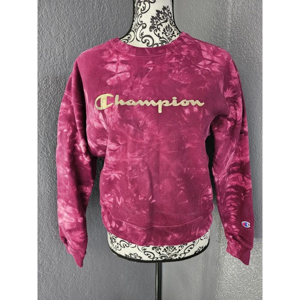 Women's Champion Sweater Pullover Logo Long Sleeve Tie Dye Size Medium Burgundy